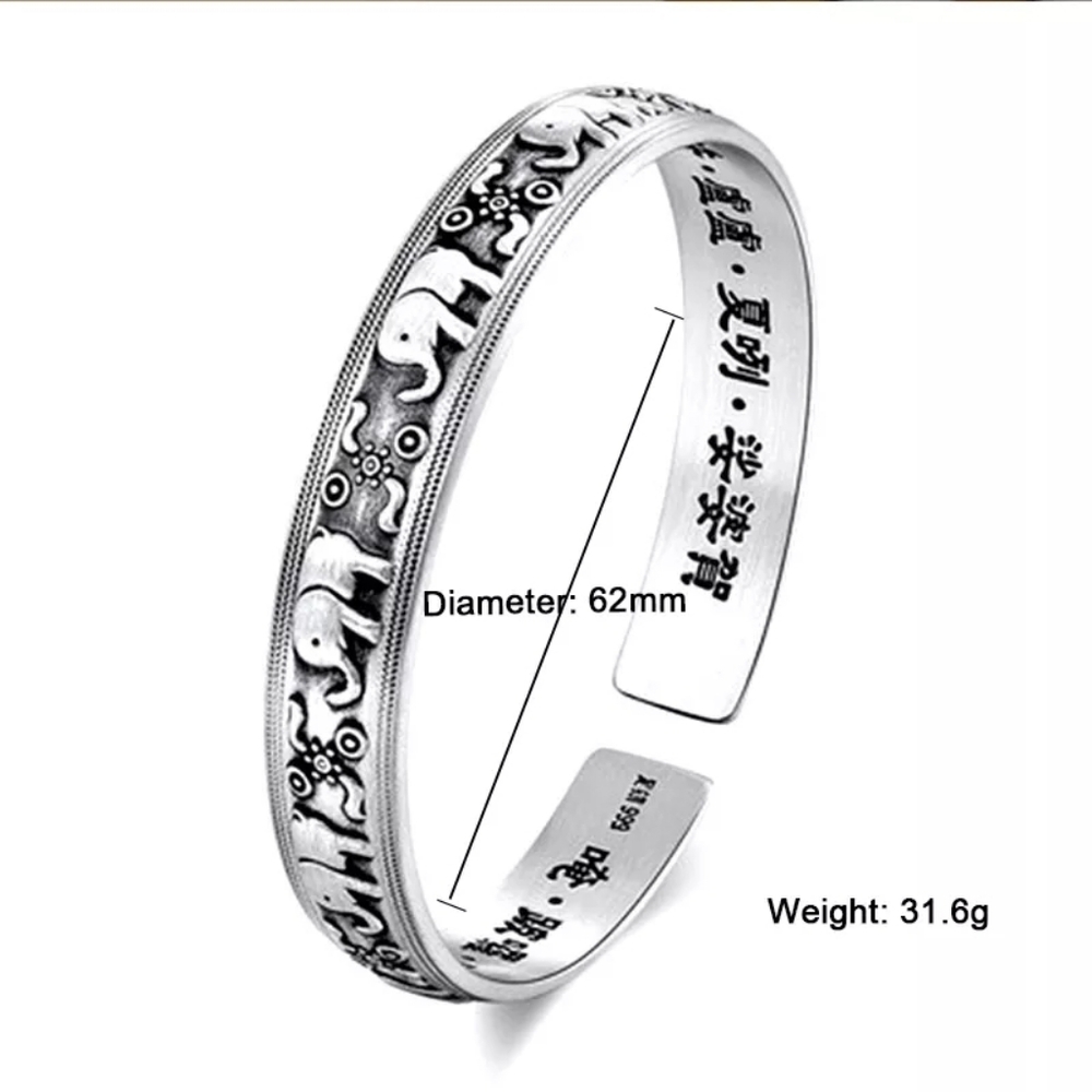 Unisex Engraved Elephant Bracelet 999 Pure Silver Cuff - Picture 13 of 14